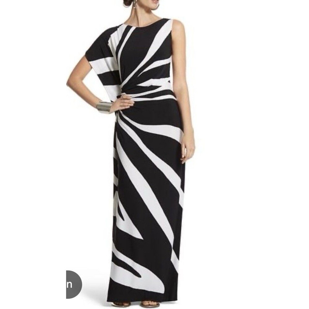 NWT Chico's Black‎ Label 1 M 8/10 One Shoulder Maxi Dress Black White Abstract
